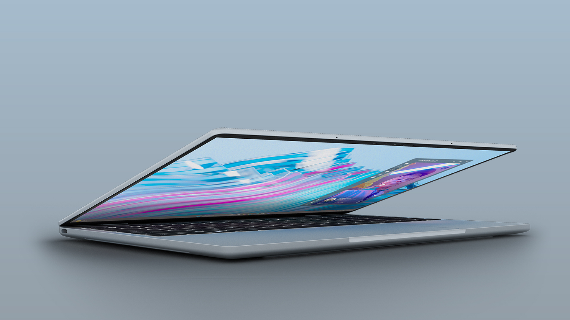 A laptop displaying a vibrant, colorful design on its screen, showcasing a creative digital artwork.