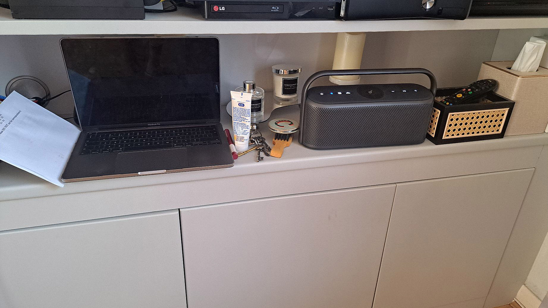 Cluttered shelf