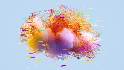 An abstract digital generated image of multicoloured AI data labels and node connections in orange on top of an orange and purple cloud, against light blue background.