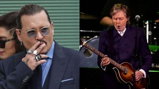 Paul McCartney playing guitar and Johnny Depp smoking in a side by side image.
