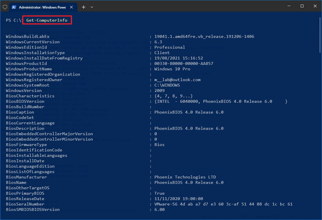 PowerShell check computer specs command