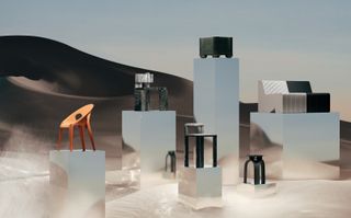 Selection of chairs from recycled material on top of shiny blocks in from of sand dunes