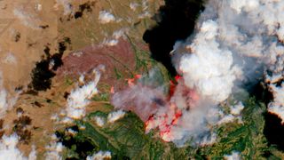 The Halfway Hillfire that broke out on Friday, July 8, 2022, in Utah seen by the European Earth-observation satellite Sentinel-2.