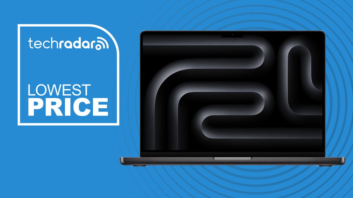 The M3 MacBook Pro 14-inch on a blue background with a TechRadar &#039;Lowest Price&#039; badge.