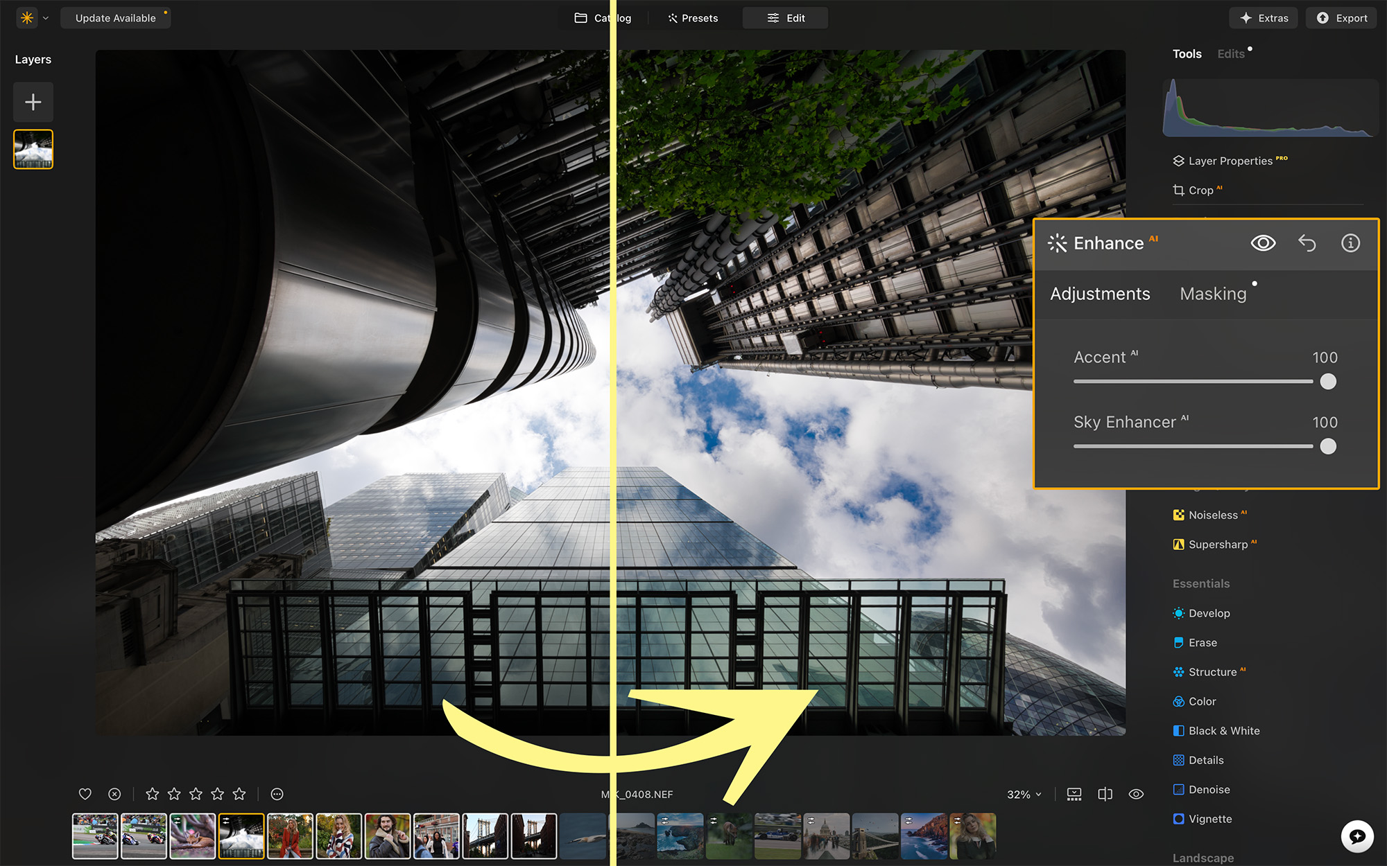 Luminar Neo screenshot showing architectural look-up image
