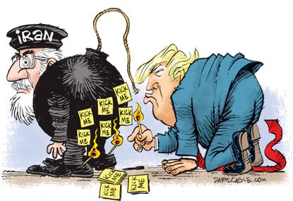 Political Cartoon U.S. Iran Trump Match Bomb Kick Me