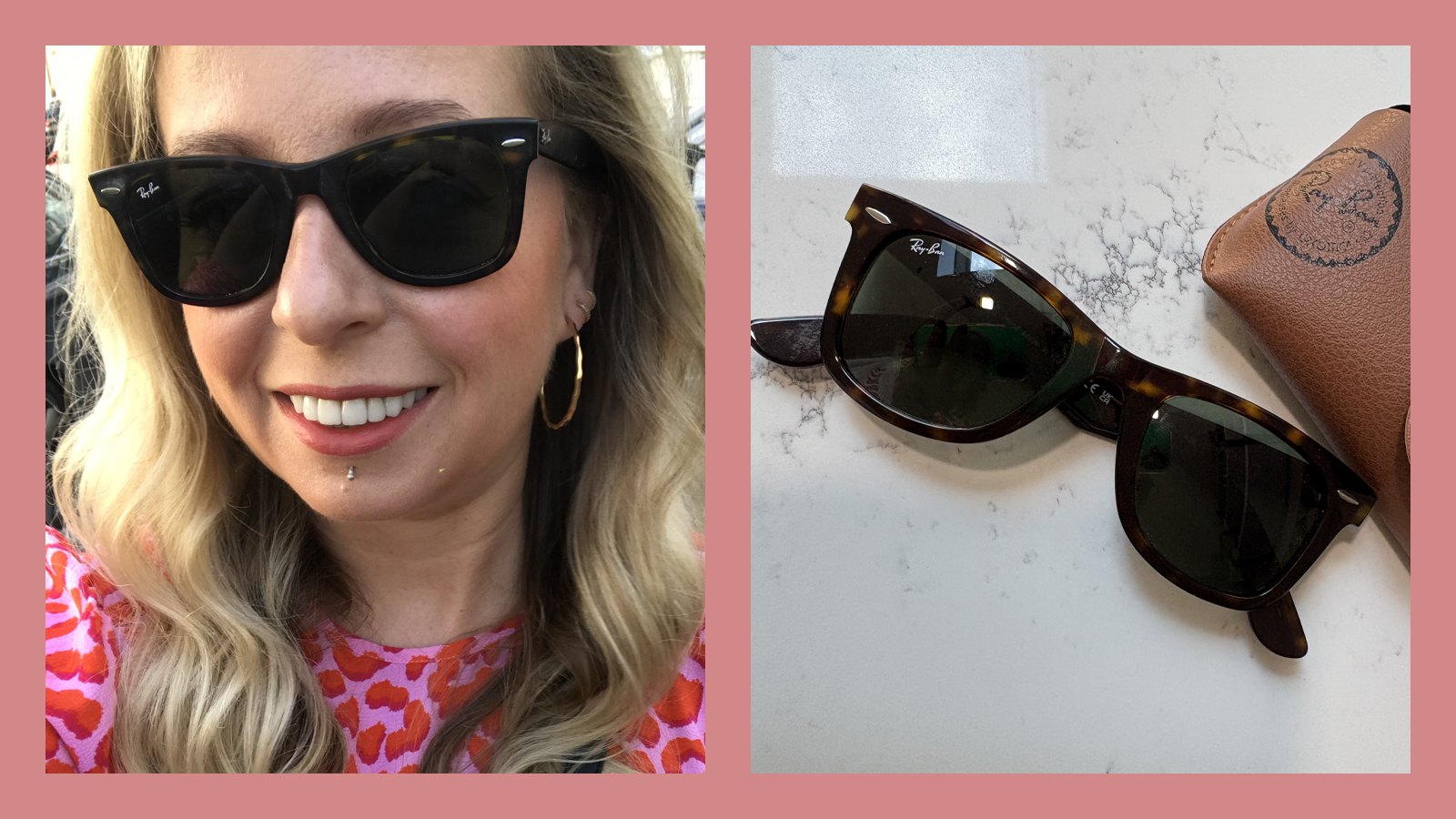 Composite image of a woman wearing Ray-Ban sunglasses and a pair on a counter