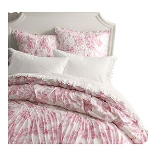LoveShackFancy Garden Damask Smocked Quilt in pink and white, preppy aesthetic