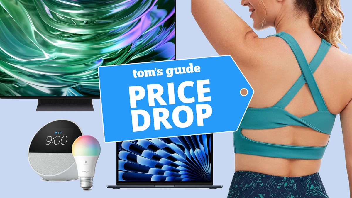 Samsung OLED TV, Echo Pop, MacBook, and woman wearing sports bra