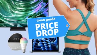 Samsung OLED TV, Echo Pop, MacBook, and woman wearing sports bra