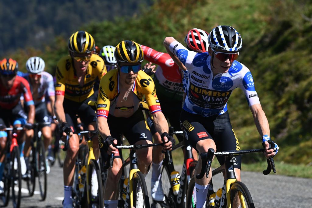 LARRABELAGUA SPAIN SEPTEMBER 09 Jonas Vingegaard of Denmark and Team JumboVisma Polka dot Mountain Jersey competes during the 78th Tour of Spain 2023 Stage 14 a 1562km stage from SauveterredeBarn to LarraBelagua 1588m UCIWT on September 09 2023 in LarraBelagua Spain Photo by Tim de WaeleGetty Images