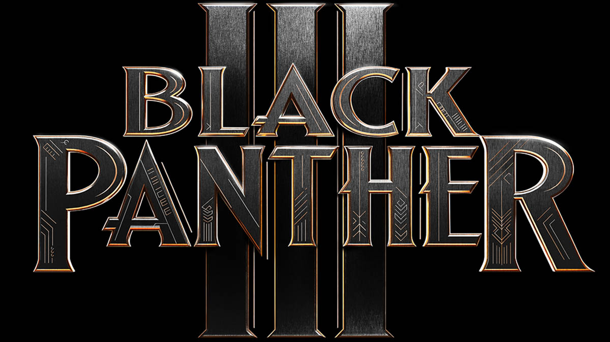The official logo for Marvel Studios' Black Panther 3, with black/silver/gold text on a black background