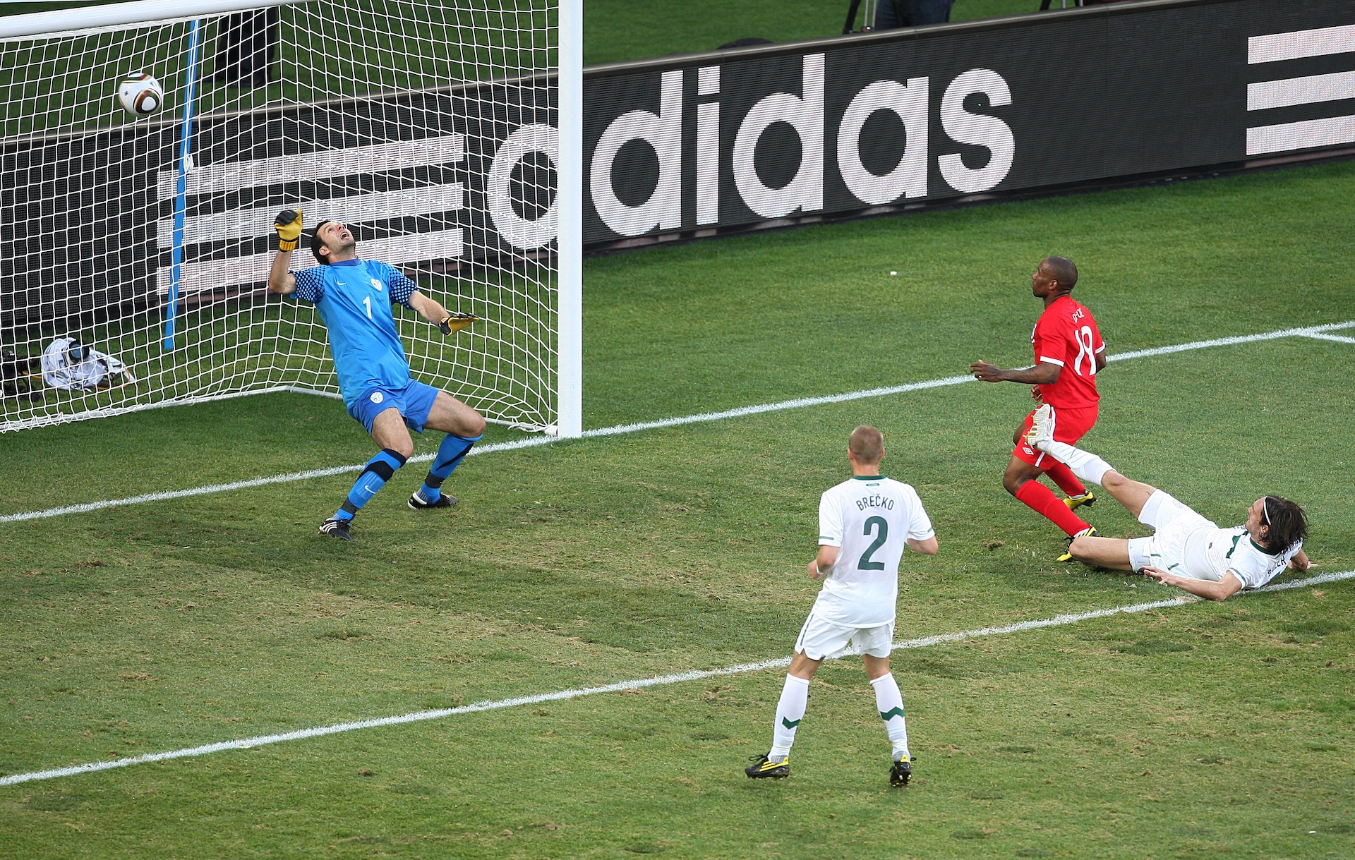 Slovenia v England - Jermain Defoe lashes the ball past Slovenian goalkeeper Samir Handanovic to score the winning goal for England
