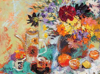 Vibrant still life of flowers, a jug, and fruit