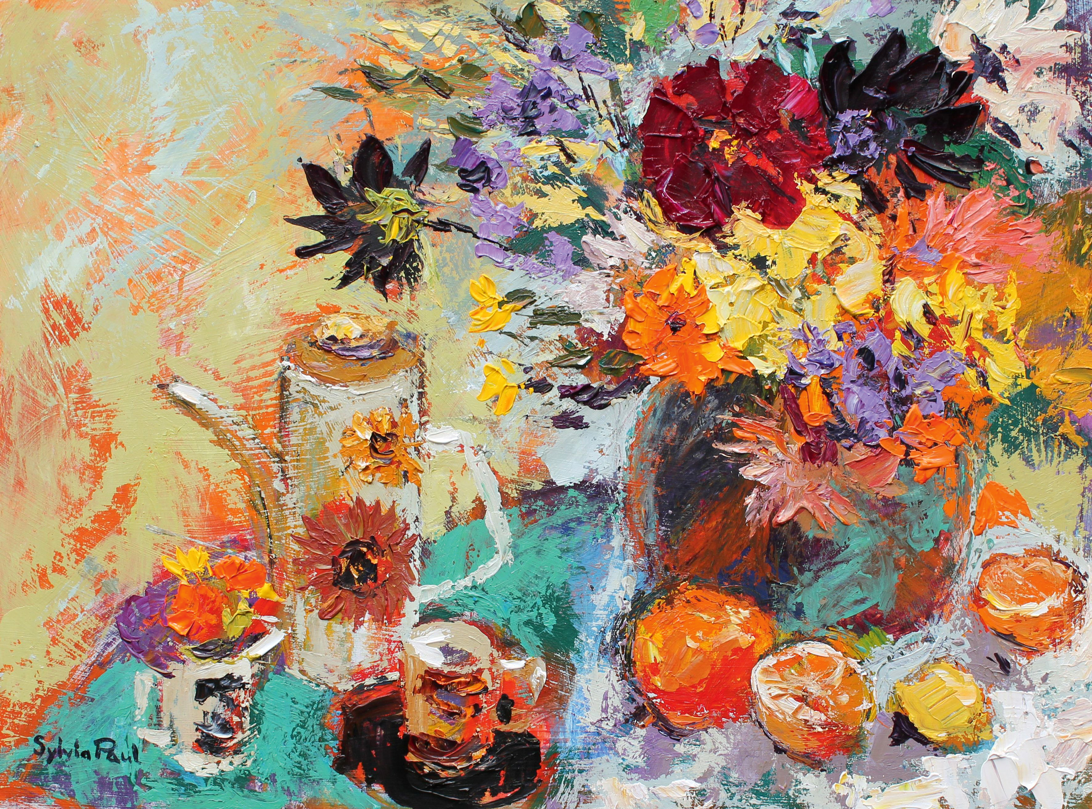 Vibrant still life of flowers, a jug, and fruit