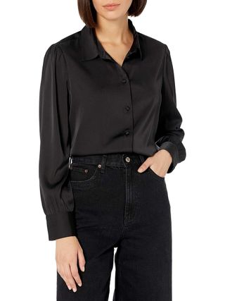 The Drop Women's @lucyswhims Long-Sleeve Button Down Stretch Satin Shirt, Black, Xxs