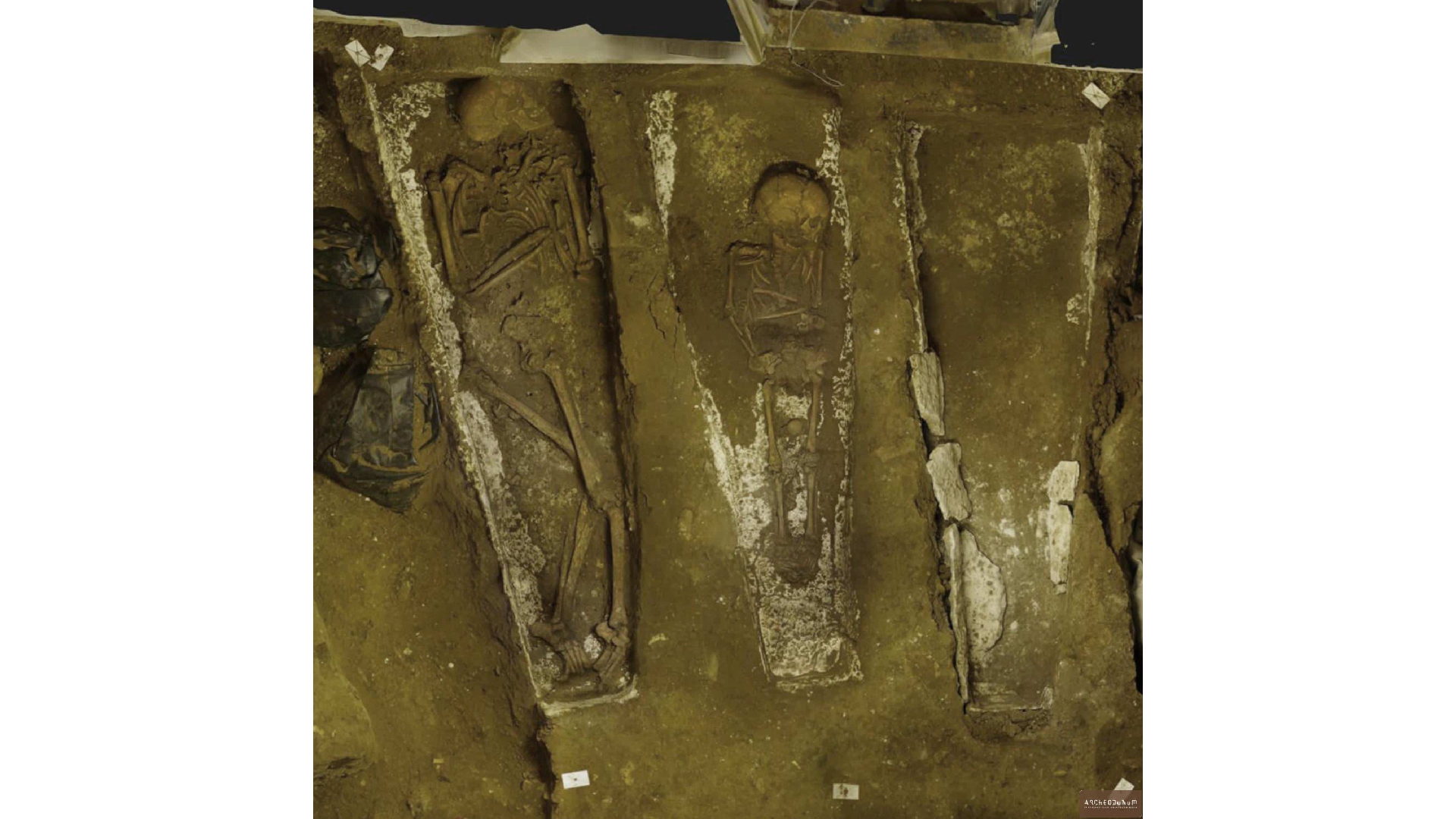 An aerial view of three graves with skeletons inside