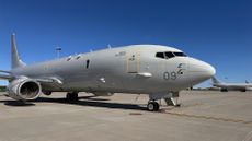 A P-8 Poseidon aircraft, parked on the tarmac at RAF Lossiemouth in Moray.