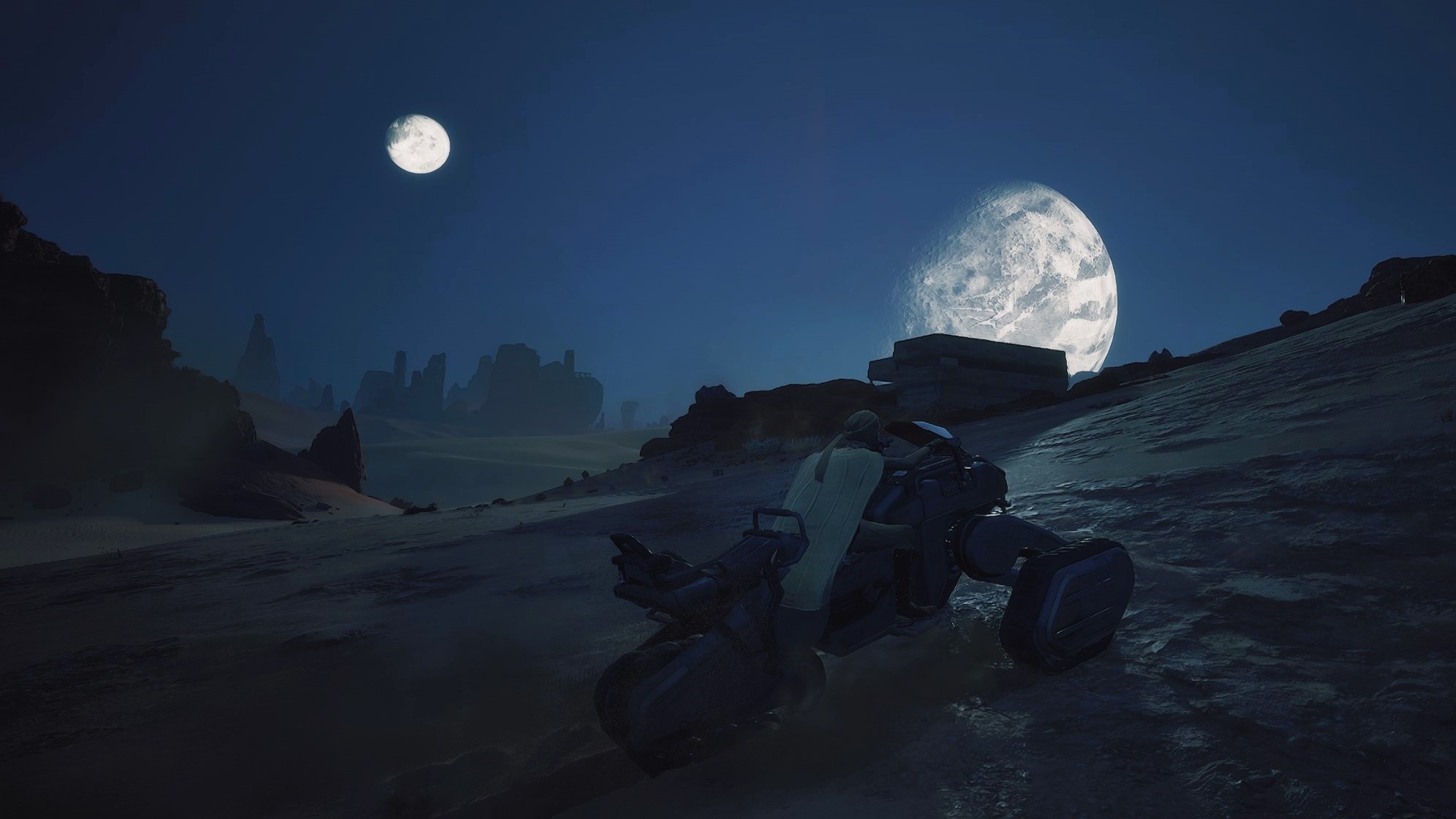Screenshot in Dune: Awakening of a player riding their bike across the open-ground at night.