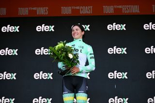 ALDINGA AUSTRALIA JANUARY 17 Alyssa Polites of Australia and ARA Australian Cycling Team celebrates at podium as Queen of The Mountain Jersey winner during the 9th Santos Womens Tour Down Under 2025 Stage 1 a 101 9km stage from Brighton to Snapper PointAldinga UCIWWT on January 17 2025 in Aldinga Australia Photo by Dario BelingheriGetty Images