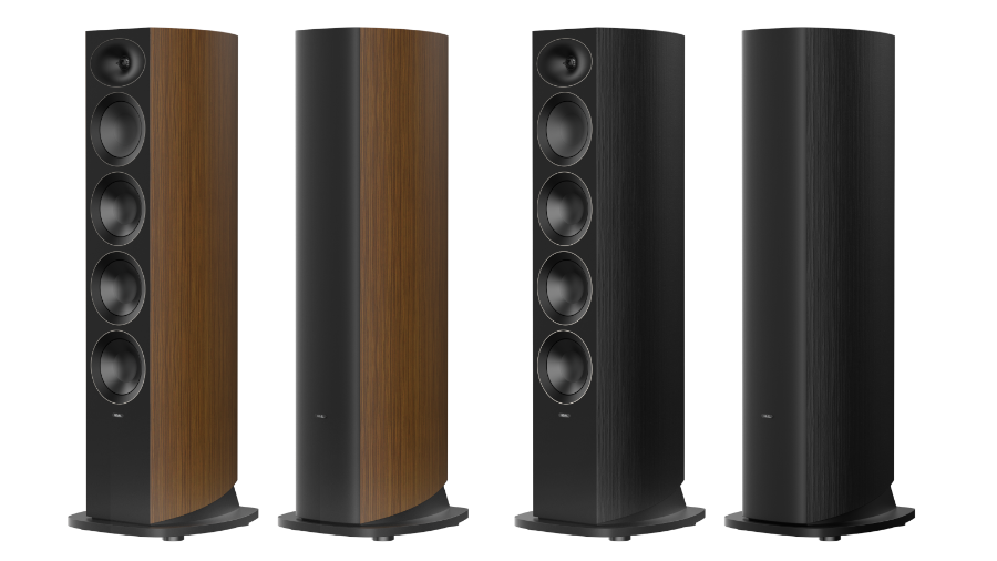 Revel Performa4 floorstanding speakers in two finishes on a white background