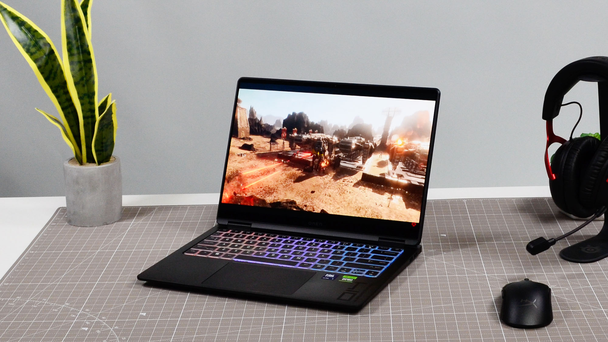 The HP Omen Transcend 14 on a table