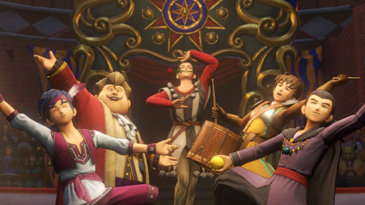 Sylvando se apresentando com o circo em Dragon Quest 11: Echoes of an Elusive Age