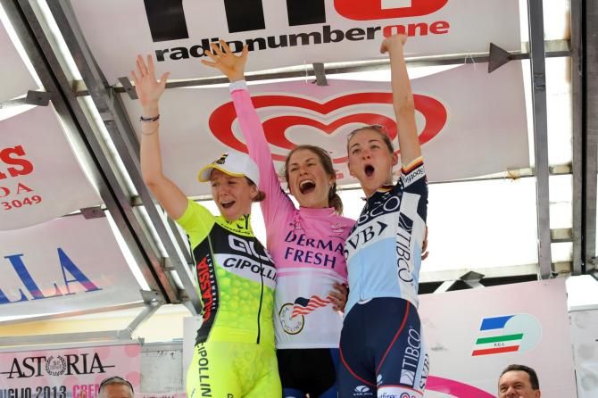2013 Giro Rosa final general classification podium (L-R): Tatiana Guderzo, Mara Abbott and Claudia H&auml;usler