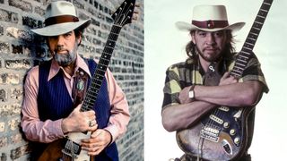 LEFT: Lonnie Mack on 5/3/85 in Chicago, Il. RIGHT: Stevie Ray Vaughan poses backstage at the Meadow Brook Music Festival during his "Soul to Soul" world tour, on July 31, 1985, in Rochester Hills, Michigan.
