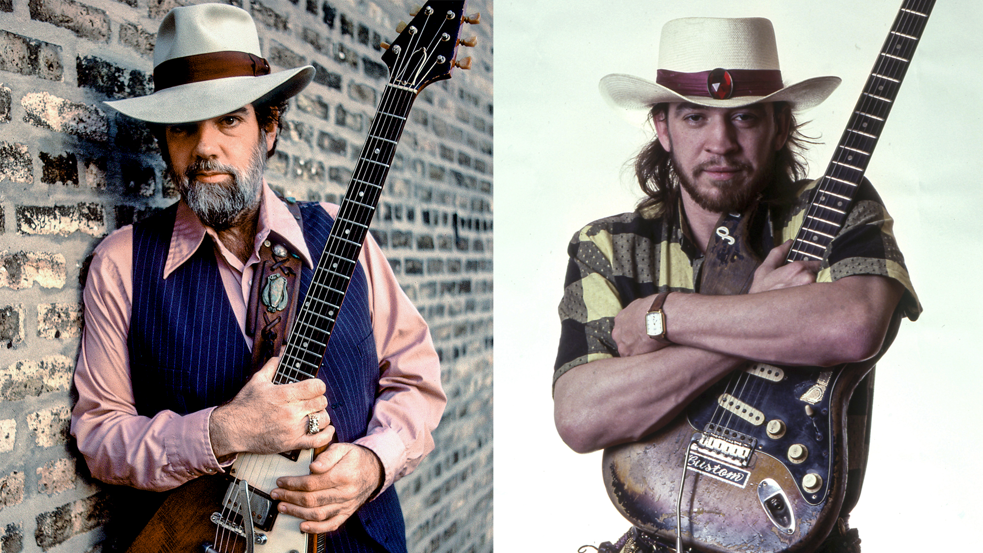 LEFT: Lonnie Mack on 5/3/85 in Chicago, Il. RIGHT: Stevie Ray Vaughan poses backstage at the Meadow Brook Music Festival during his "Soul to Soul" world tour, on July 31, 1985, in Rochester Hills, Michigan.  