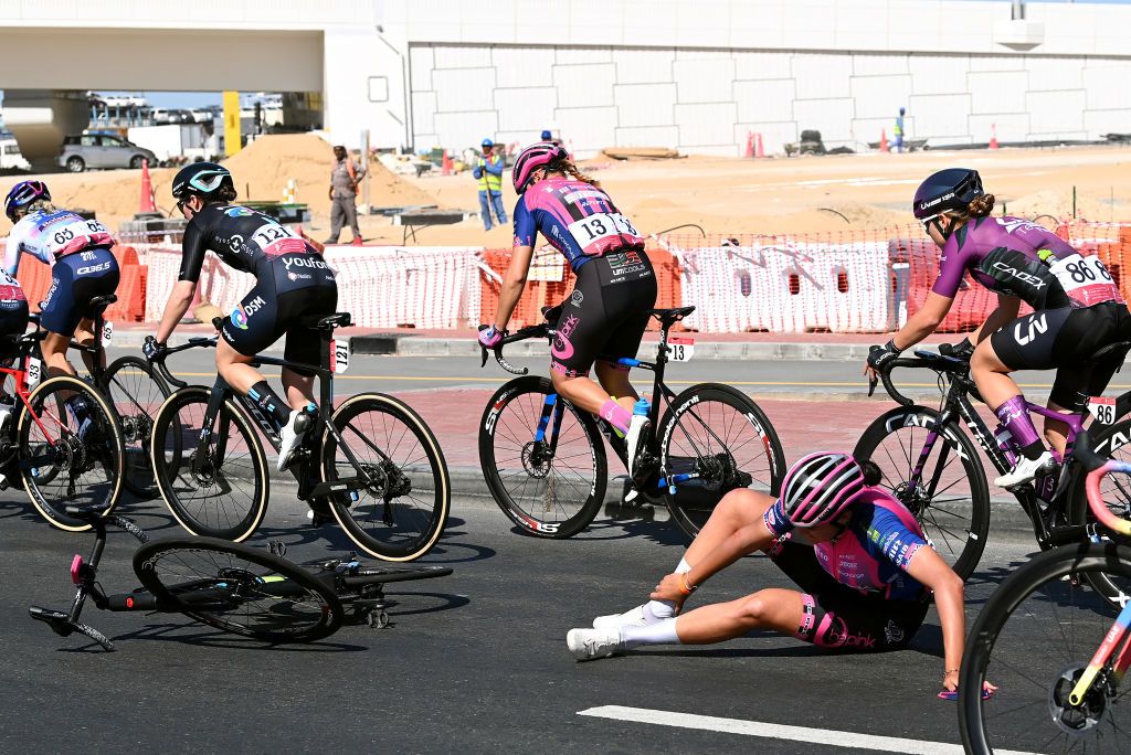 DUBAI UNITED ARAB EMIRATES FEBRUARY 09 Rider of Team Bepink crashes during the 1st UAE Tour Women 2023 Stage 1 a 109km stage from Port Rashid to Dubai Harbour UAETourWomen on February 09 2023 in Dubai United Arab Emirates Photo by Tim de WaeleGetty Images