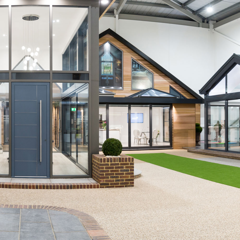 house with glass door and roof