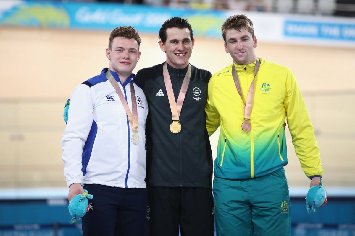 The men's podium for the sprint with Sam Webster flanked by Jack Carlin and Jacob Schmid (Australia)