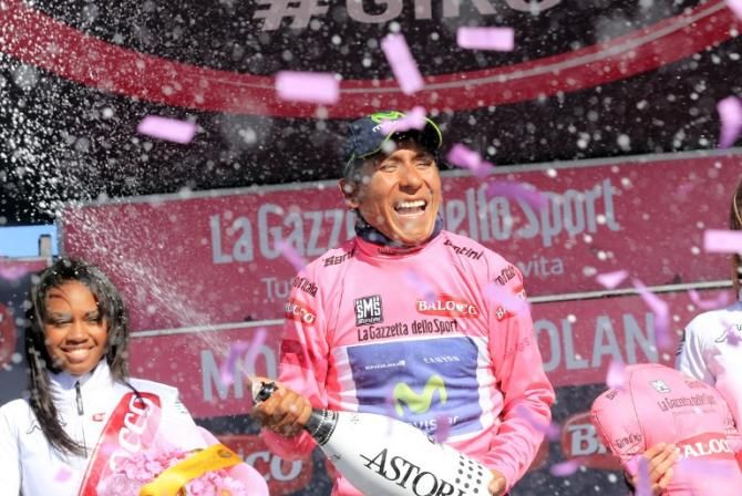 Nairo Quintana (Movistar) celebrates after another strong ride on the Monte Zoncolan