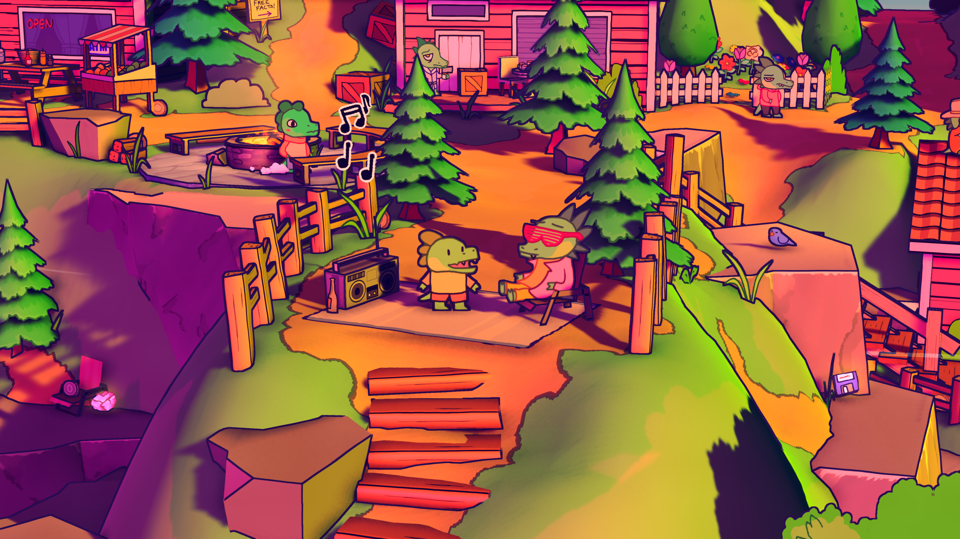 A bright scene from Untitled Paper RPG with two dinosaur characters talking to each other