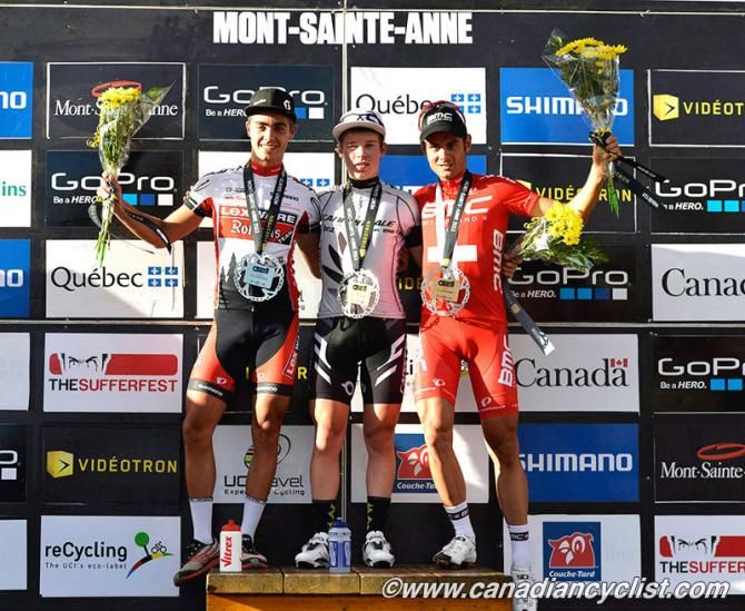 U23 men's podium at the Mont-Sainte-Anne World Cup: Julian Schelb, Anton Cooper, Reto Indergand, Julian Schelb, Anton Cooper, Reto Indergand