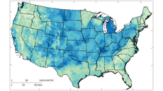 A map of the United States showing regions that are likely (dark blue) and unlikely (white to light blue) to host hydrogen reserves, based on the geology.