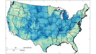 A map of the United States showing regions that are likely (dark blue) and unlikely (white to light blue) to host hydrogen reserves, based on the geology.