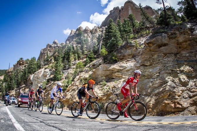 The breakaway group continues up today's long climb