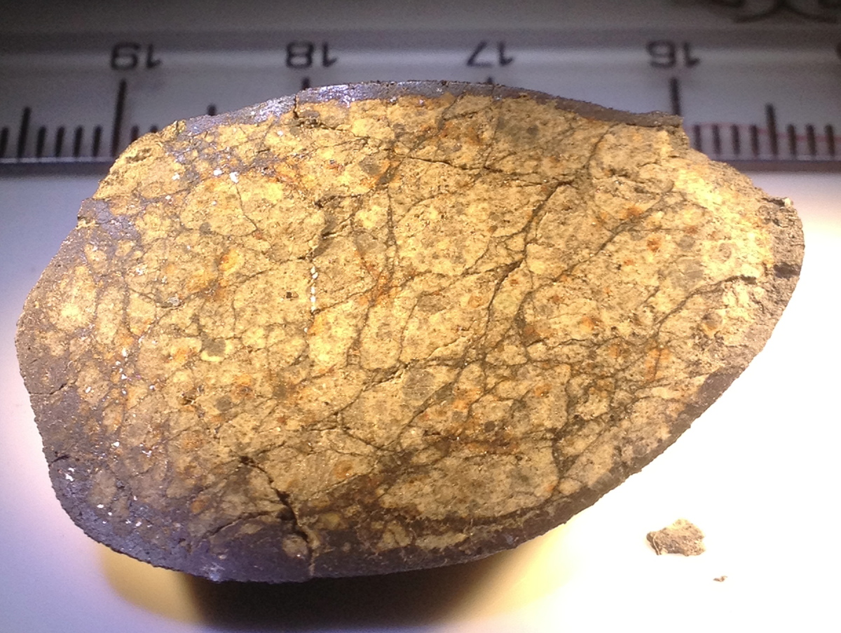 This sample of the Chelyabinsk meteorite from the 2013 meteor explosion over Chelyabinsk, Russia, shows a network of thin impact melt veins (dark lines) and impact melt pockets (dark blobs).