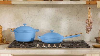 A blue Dutch oven pan, and a matching blue frying pan with ids on a black gas burning stove top. There is a matching greige stone backsplash and countertop, and garlic bulbs hand from a shelve above.