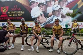 The South African team of MTN Qhubeka relax prior to the start of stage five in Haikou.