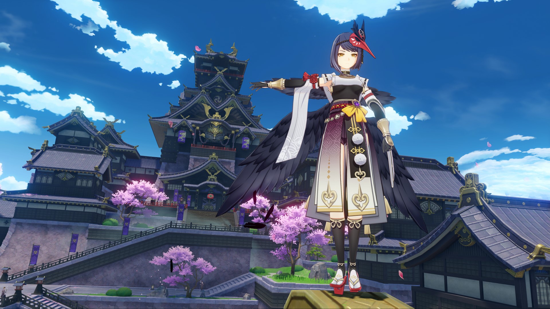 Sara from Genshin Impact standing outside Raiden Shogun's castle