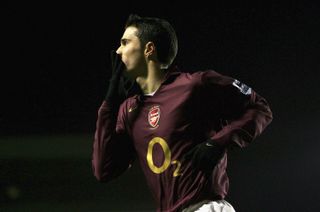 Robin van Persie celebrates a goal for Arsenal against Blackburn Rovers in November 2005.