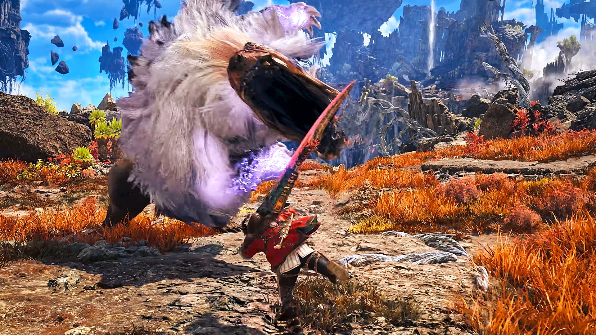 A warrior in red jacket swings a large blade at a massive, furry, purple-glowing monster in a rocky landscape with floating islands in the distance.