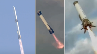 a blue and white Blue Origin New Glenn rocket launches and lands in a series of images