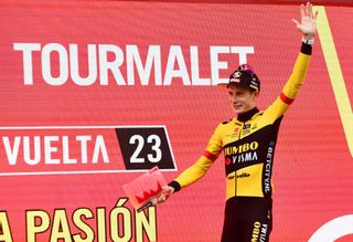 Team JumboVismas Danish rider Jonas Vingegaard celebrates on the podium winning the stage 13 of the 2023 La Vuelta cycling tour of Spain a 1347 km race between Formigal and the Col du Tourmalet in France on September 8 2023 Photo by ANDER GILLENEA AFP Photo by ANDER GILLENEAAFP via Getty Images