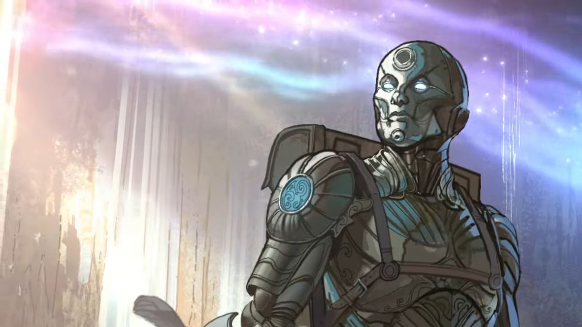 A warforged artificer wearing a backpack