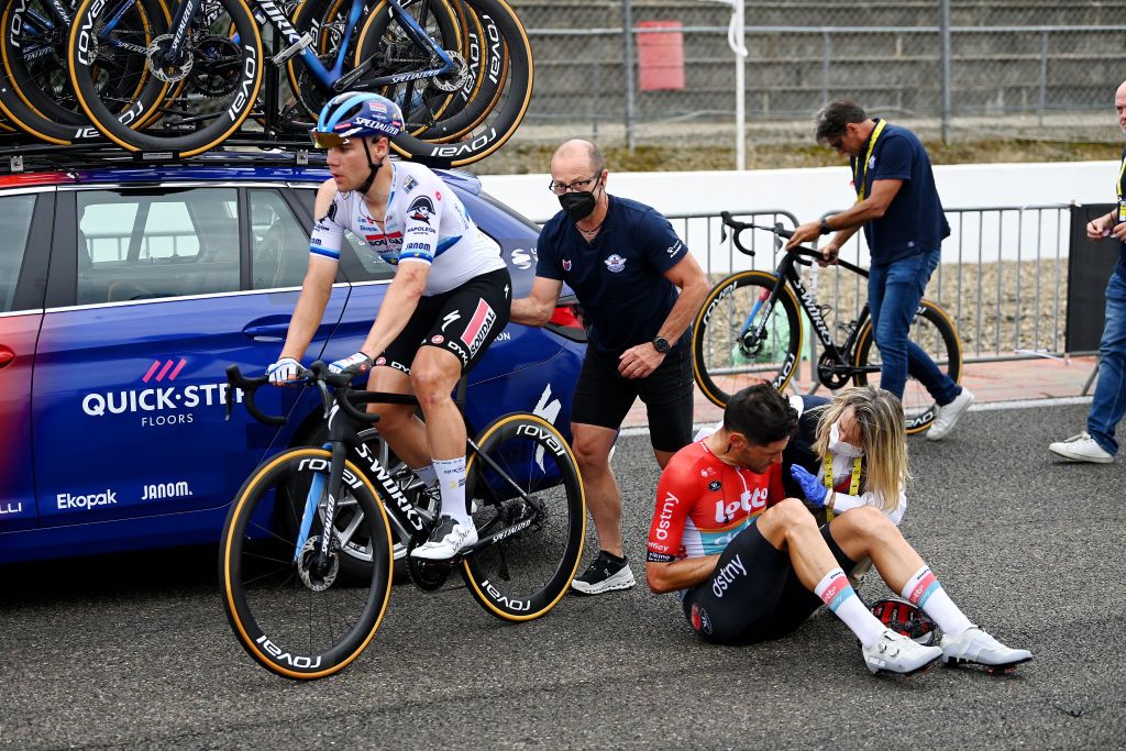 NOGARO FRANCE JULY 04 Fabio Jakobsen of The Netherlands and Team Soudal Quick Step and Jacopo Guarnieri of Italy and Team Lotto Dstny line injured after being involved in a crash during the stage four of the 110th Tour de France 2023 a 1818km stage from Dax to Nogaro UCIWT on July 04 2023 in Nogaro France Photo by Tim de WaeleGetty Images