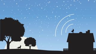 A graphic of a rural setting with a satellite dish picking up internet from satellite broadband